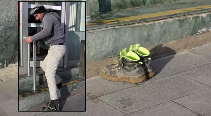 Çamurlu ayakkabılarını çıkardı, bankaya girdi!             