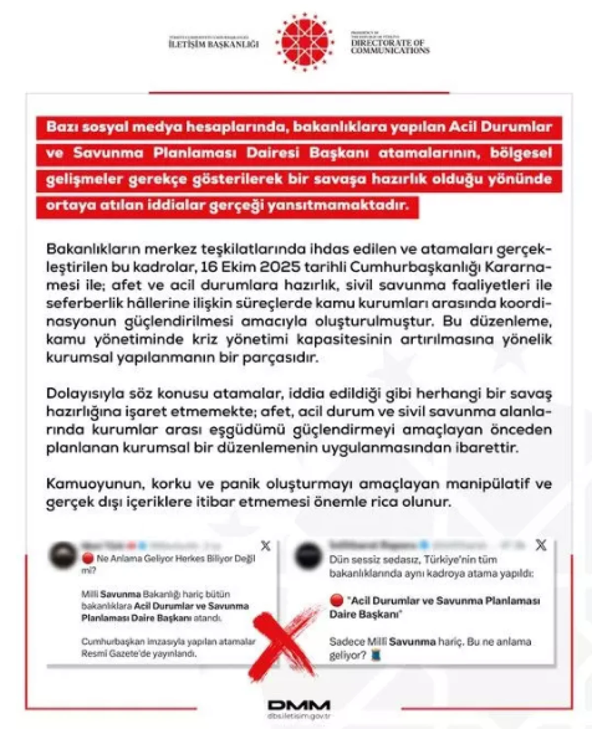 DMM'den "Acil Durumlar Dairesi Başkanı atamaları savaş hazırlığıdır" iddialarına yalanlama