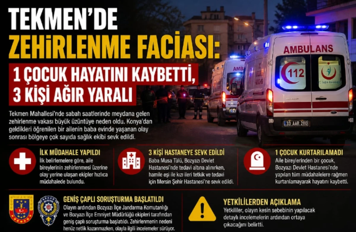 Mersin Bozyazı Tekmen&rsquo;de Zehirlenme Faciası: 1 &Ouml;l&uuml;, 3 Ağır Yaralı!