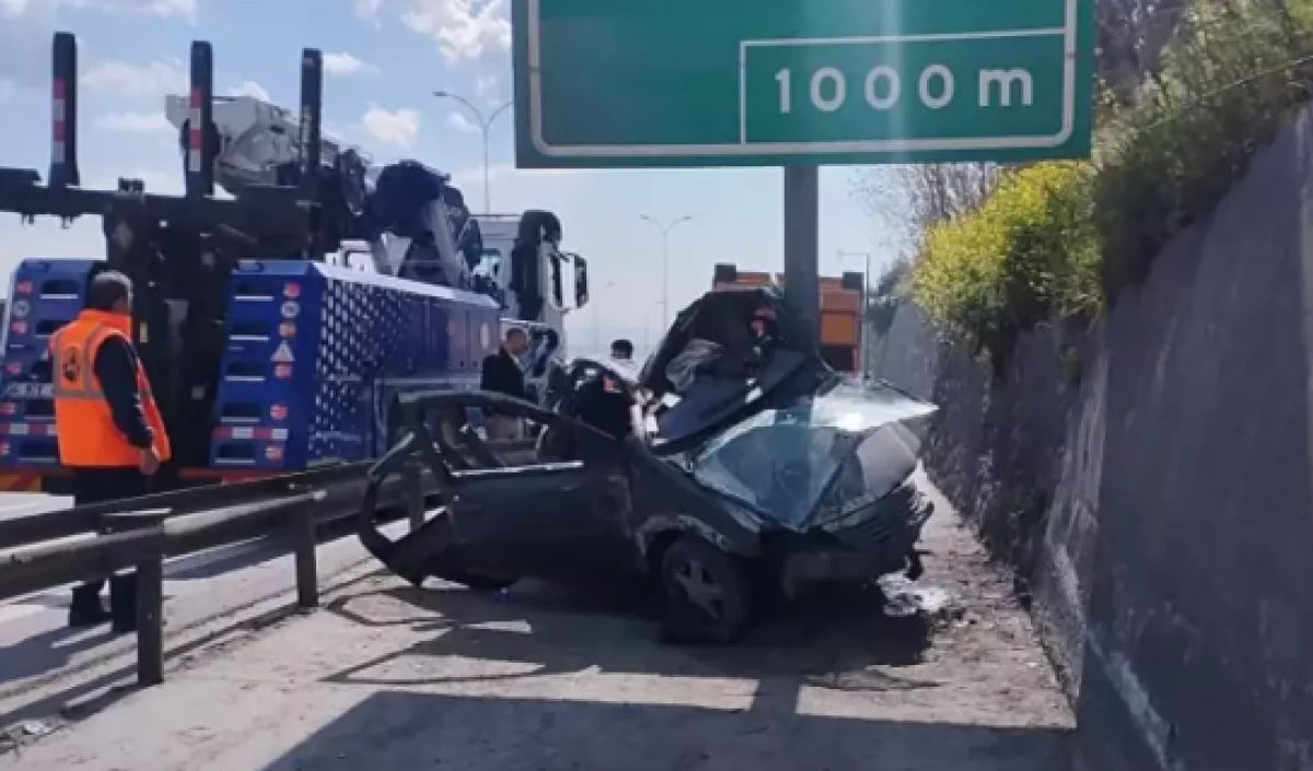 TEM Otoyolu'nda otomobil y&ouml;n levhasına saplandı      