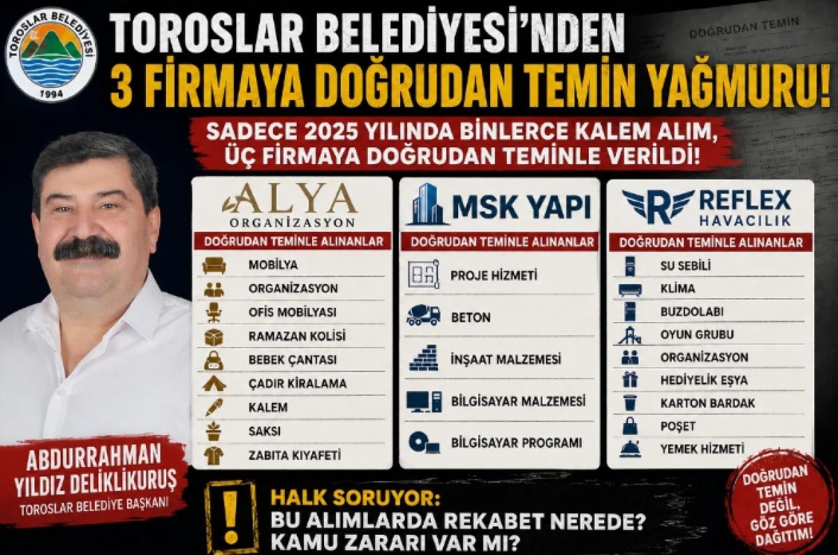 Toroslar belediyesi Abdurrahman Yıldız'ın &uuml;&ccedil; firmadan doğrudan teminle alınan işlerin listesi Sadece 2025 yılı bunlar